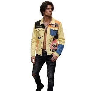 Genuine Authentic Yellow Denim Jacket Skull Fire Freezing Men's Small